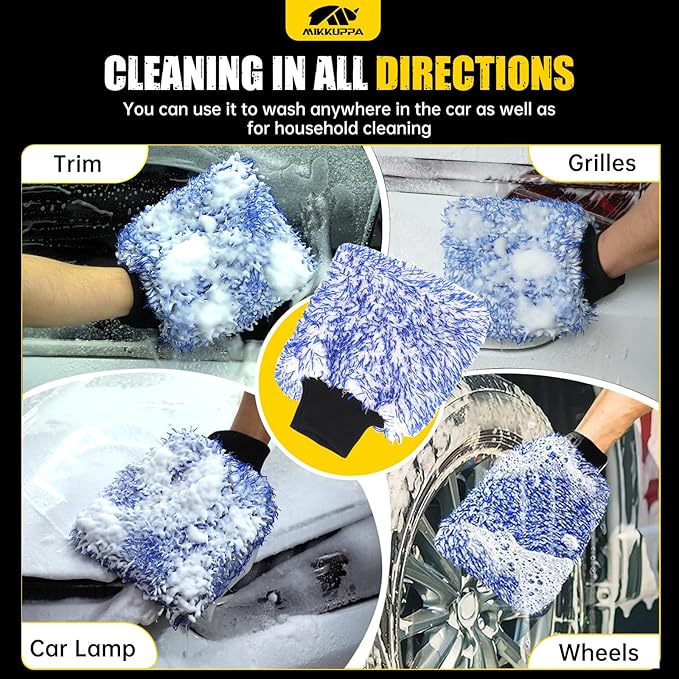 MIKKUPPA Microfiber Car Wash Mitt - Double-Sided Ultra Absorbent Scratch Free Premium Blend Glove for Car Washing Home Cleaning (Blue, 2Pack, 11'' x 8'')