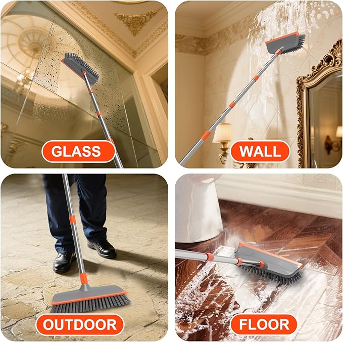 BITOPE Deck Scrub Brush with Long Handle, Heavy Duty Floor Scrubber with Stiff Bristles,Garage Concrete Cleaner Tool for Cleaning Tile Patio Outdoor Porch Indoor Kitchen Shower Bathroom