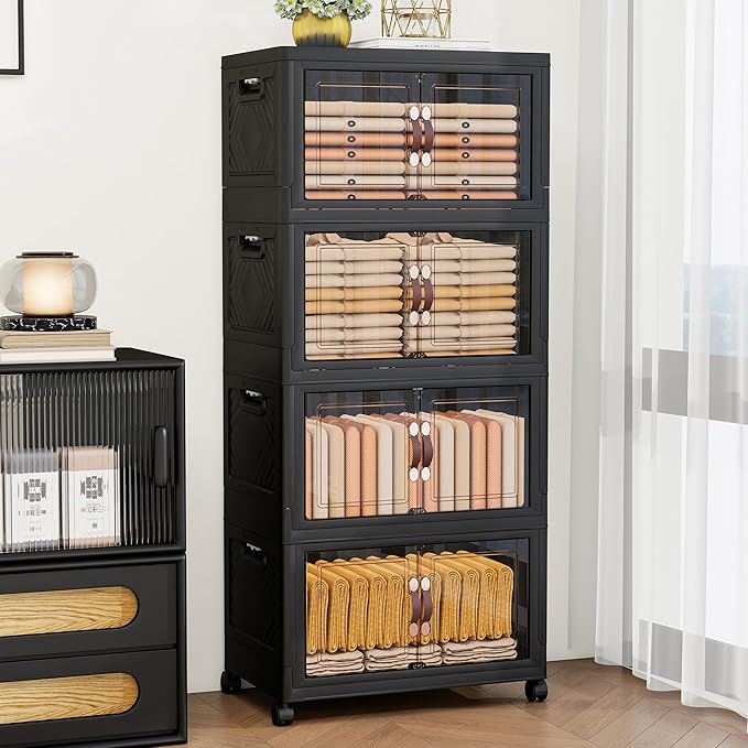 Storage Bins with Lids and Wheels, Collapsible Bathroom Storage Cabinet with Clear Doors, Plastic Stackable Closet Organizers and Storage Containers Black 597 QT