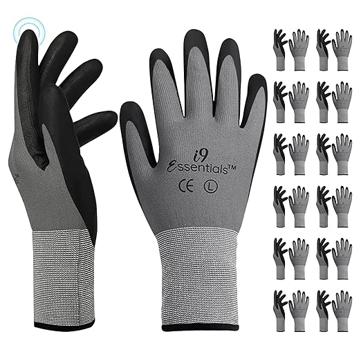 I9 Essentials 12 Pairs MicroFoam Nitrile Coated Touchscreen Work Gloves – Lightweight Grip Safety Gloves for Carpentry, Gardening, Construction & General Work (Large)