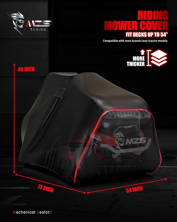 MZS Riding Lawn Mower Cover, Heavy Duty Lawn Tractor Cover with Storage Bag, Waterproof Lawnmower Covers for Outdoor UV Protection Universal Fits Decks Up to 54" Riding Mower