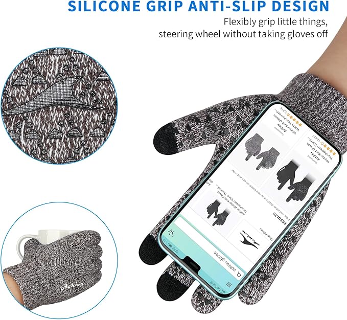 Achiou Winter Gloves for Men Women, Touch Screen Gloves, Upgraded Thicken Anti-Slip Silicone Gel, Thermal Soft Knit Lining
