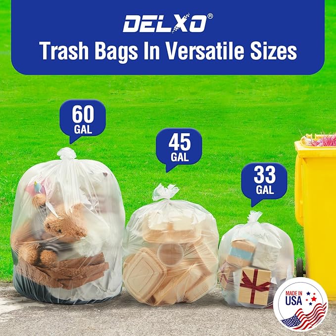 Delxo 30-33 Gallon Clear Trash Bags, 250 Count – Medium Duty Garbage Bags, Thick, Durable & Puncture-Resistant Plastic, Perforated Design– Made in USA for Kitchen, Yard, Office & Party