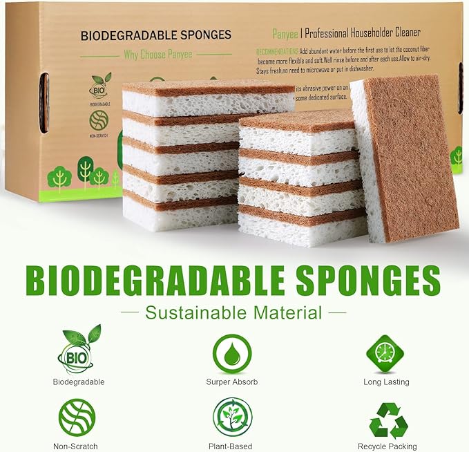 Biodegradable Natural Kitchen Sponge,Eco Friendly Sponges for Dishes,Compostable Cellulose Sponge with Natural Plant Based Coconut Walnut Sustainable Scrubber Pack of 12