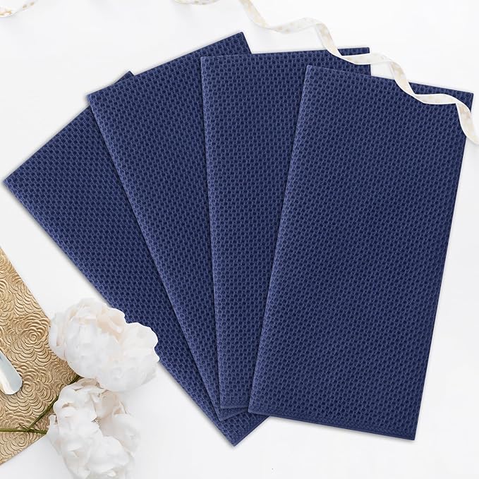 Kitinjoy 100% Cotton Waffle Weave Kitchen Towels, 4-Pack Super Soft and Absorbent Dish Towel for Drying Dishes, Kitchen Hand Towels, 20 in x 28 in, Navy Blue