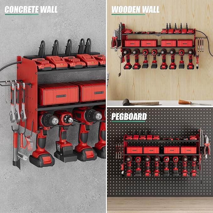 Suchtale Power Tool Organizer Wall Mount with Charging Station,33.2" Garage Storage,8 Drill Holders,3 Layers Heavy Duty Metal Shelf,Built in 8 Outlets Power Strip,Christmas Gift for Dad,Men,Red
