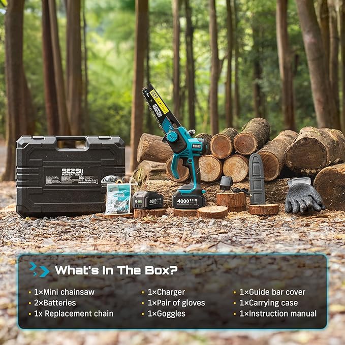 SEESII 8-Inch Cordless Mini Chainsaw, 2025 Upgraded Brushless Motor, Electric Chainsaw with 2×4000mAh Batteries, Tool-Free Chain Tension & Oiler, Handheld Saw for Fast Tree Branch Cutting(M8 Boost)