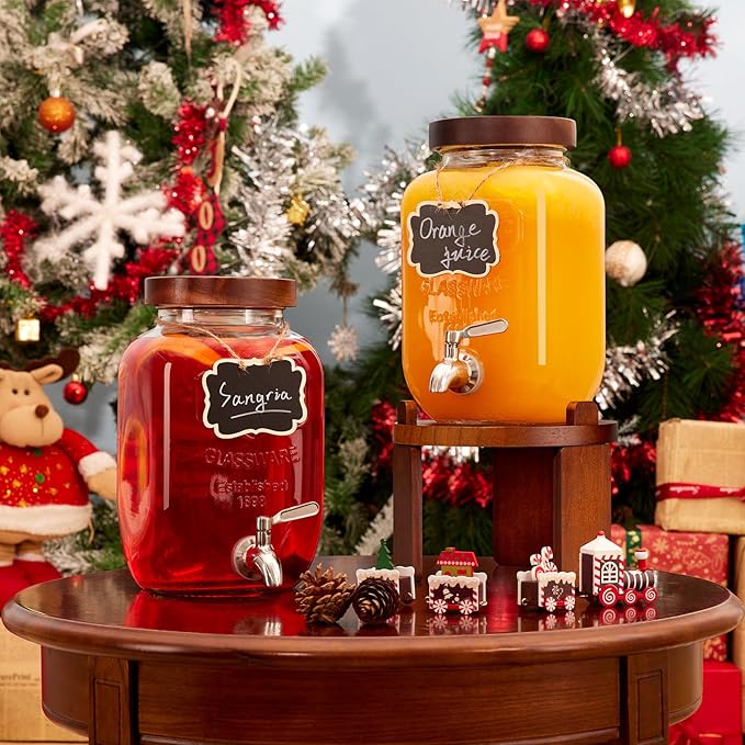 1 Gallon Drink Dispenser for parties,Glass Beverage Dispenser with Stand,Water Dispenser with 18/8 Stainless Steel Spigot,lemonade stand Dispenser for Fridge,Juice,Punch,Cocktails,Ice Tea & Sun Tea