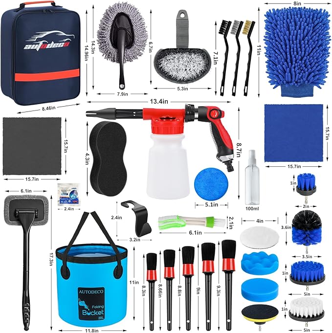 AUTODECO 38Pcs Car Wash Detailing Kit Cleaning Kits with Foam Gun Sprayer Collapsible Bucket Drill Brush Large Wash Mitt Towels Complete Interior Exterior Car Washing Supply Set Blue