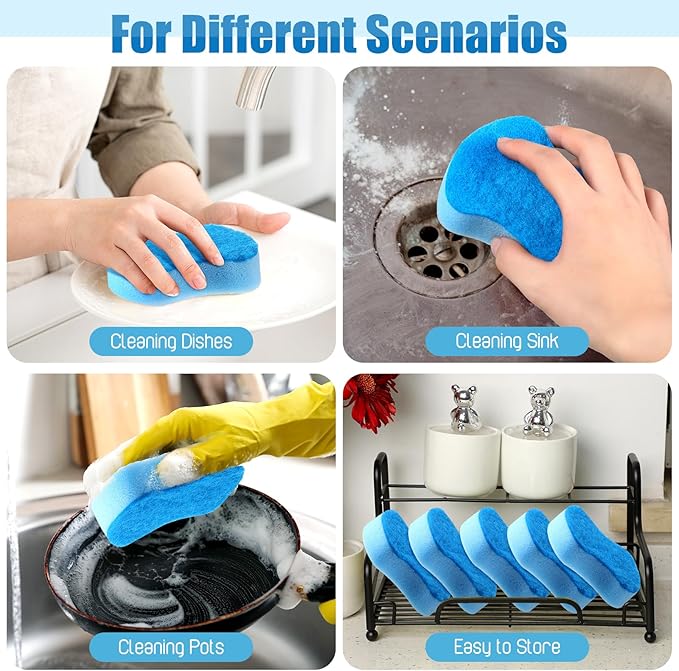 Tanlade 120 Pcs Individually Wrapped Sponges Kitchen Bulk Non Scratch Scouring Sponges for Dishes Household Cleaning Travel Apartments Hotel Car (Blue)