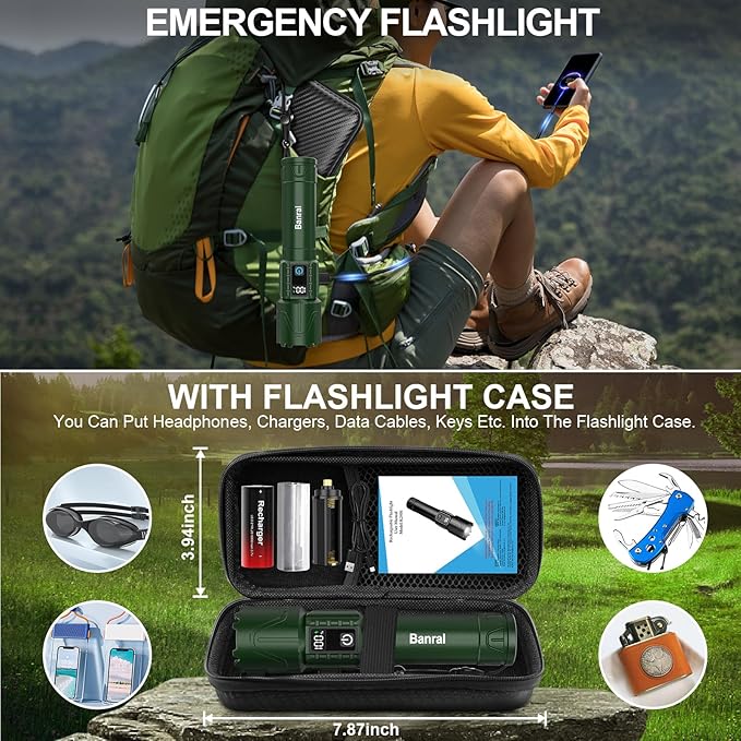 Banral Rechargeable Tactical Flashlights High Lumens - 5000mAh Super Bright LED Powerful Flash Light, Waterproof Handheld USB C Flashlight for Home,Car,Camping,Emergencies,5 Modes,Zoomable (1, Green)