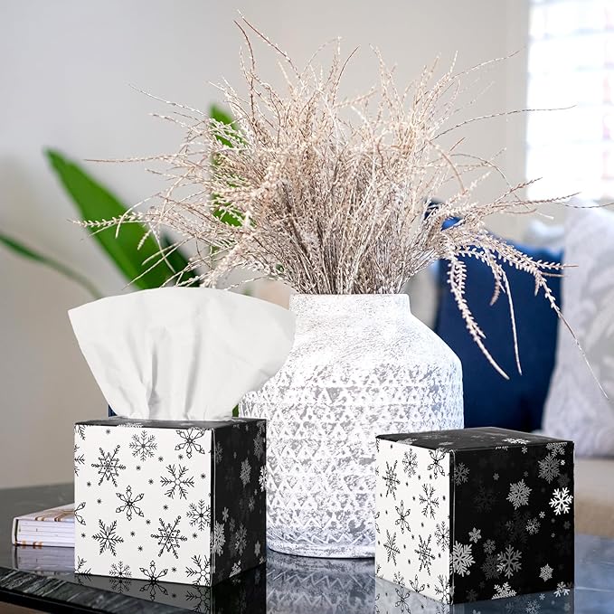 Bencailor 12 Pack Snowflake Facial Tissues Cube Boxes Winter Christmas Tree Square 600 Sheets 3 Ply Small Tissues Cube Boxes for Home Car Accessories(Black and White,Snowflake)