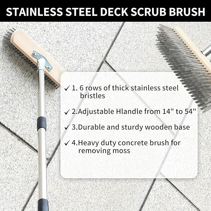 Stainless Steel Wire Scrub Brush with Long Handle, Moss Remover Wire Broom for Deck, Rough Surface, Concrete Floor, Patio, Garden, Garage