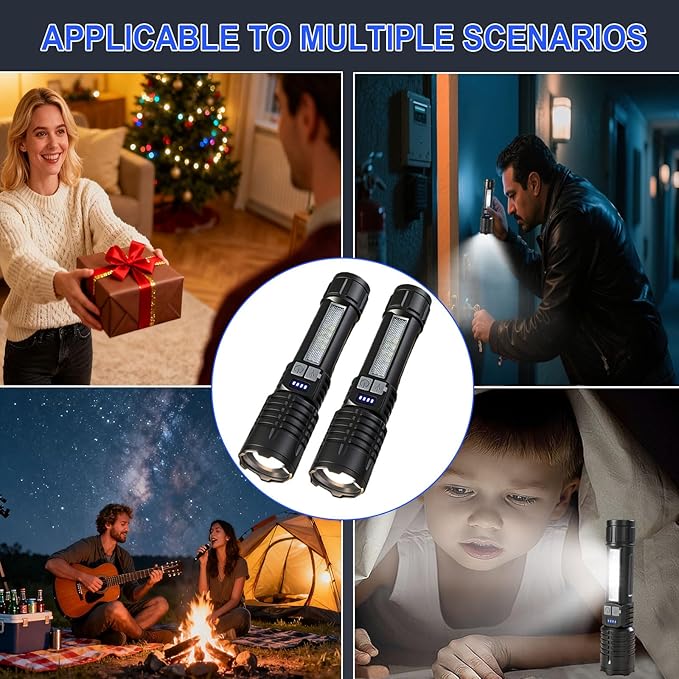 Rechargeable LED Flashlight High Lumens , Waterproof Zoomable Tactical Flashlights, 5 Modes High Powered Flash Light ,Small Handheld Adjustable Bright Flash Light for Home , Emergency Outdoor 2 Pack
