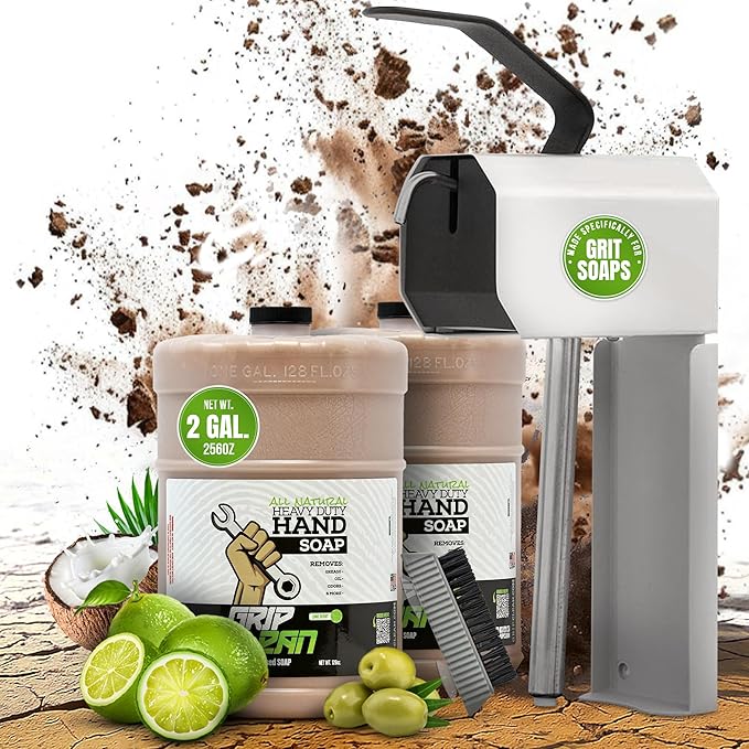 Grip Clean 4 Pk Combo β Hand Cleaner for Mechanics with Wall-Mounted Soap Dispenser + 2 Gallons Heavy-Duty Liquid Pumice Hand Soap, Natural Clay & Coconut Oil for Auto Mechanics, Industrial, & Garage