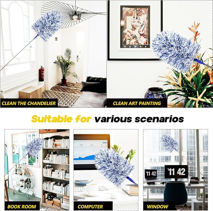 20-49inches Extendable Microfiber Feather Duster with 10pcs Replaceable Heads, Extra Long Bendable Duster for Cleaning, Electrostatic Dust Remove for Furniture, Ceiling, Window,etc (Navy Blue)