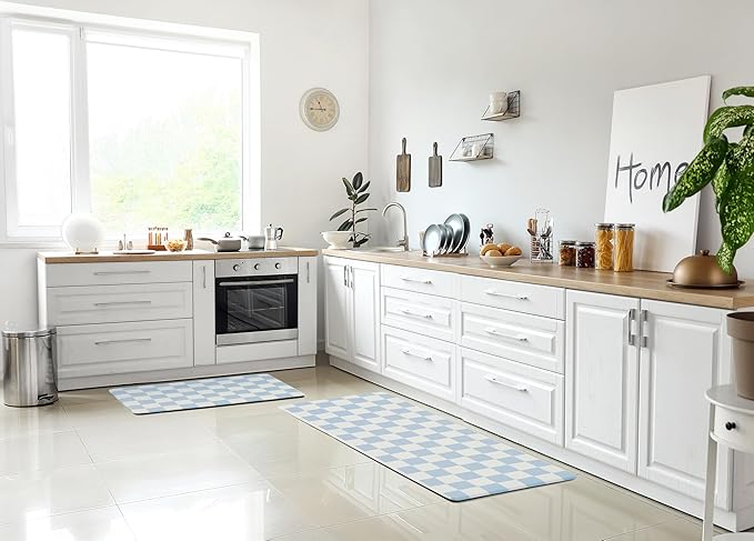 Blue Checkered Kitchen Mats for Floor Set of 2, 2 Pcs Cushioned Non Slip Runner Rugs for Kitchen/Sink/Laundry, Comfort Aesthetic Cute Anti-Fatigue Foam Floor Mat 17.3"x29.5"+17.3"x47.2"