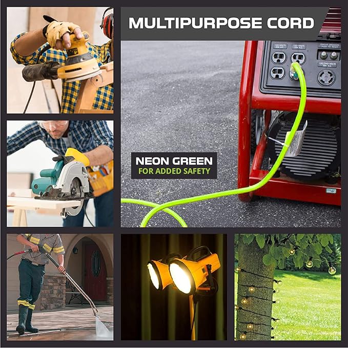 Iron Forge Cable 10 Gauge Extension Cord 25 ft, 10/3 Heavy Duty Extension Cord 25 Foot 3 Prong Lighted End, SJTW Weatherproof Light Green Outdoor Power Cable for Major Appliances - US Veteran Owned