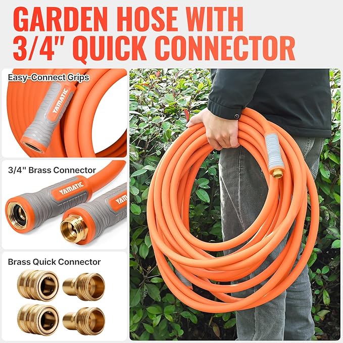 YAMATIC Garden Hose 5/8 in x 75 ft, Ergonomic Swivel Fittings, Burst 600 PSI, Heavy Duty, Flexible and Lightweight Water Hose with 2 Set Quick Connect