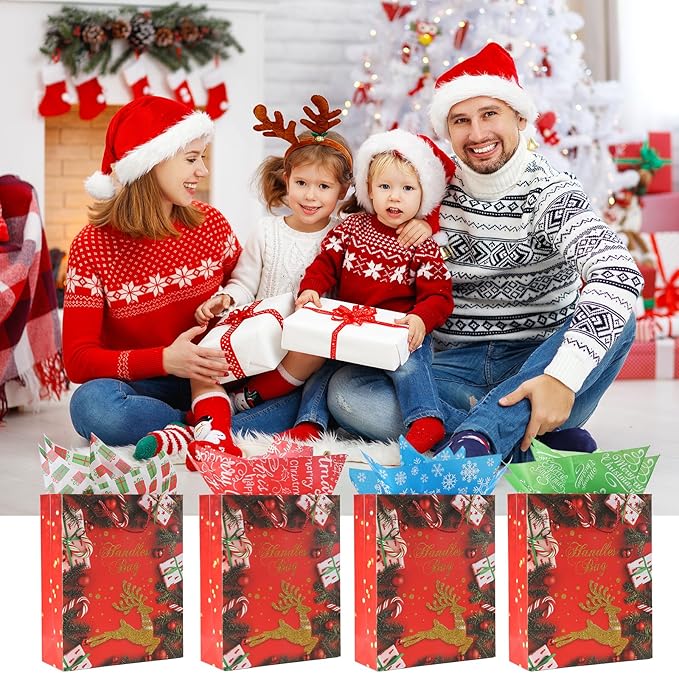 Rusikia 12 Christmas Gift Bags with 12 Tissues and 1 Satin Ribbon, Red Party Favor Bags Bulk with Handles, Glittery Cute Tree Balls Merry Deer Paper Bag for Wrapping Present (Small 9"x7"x3")