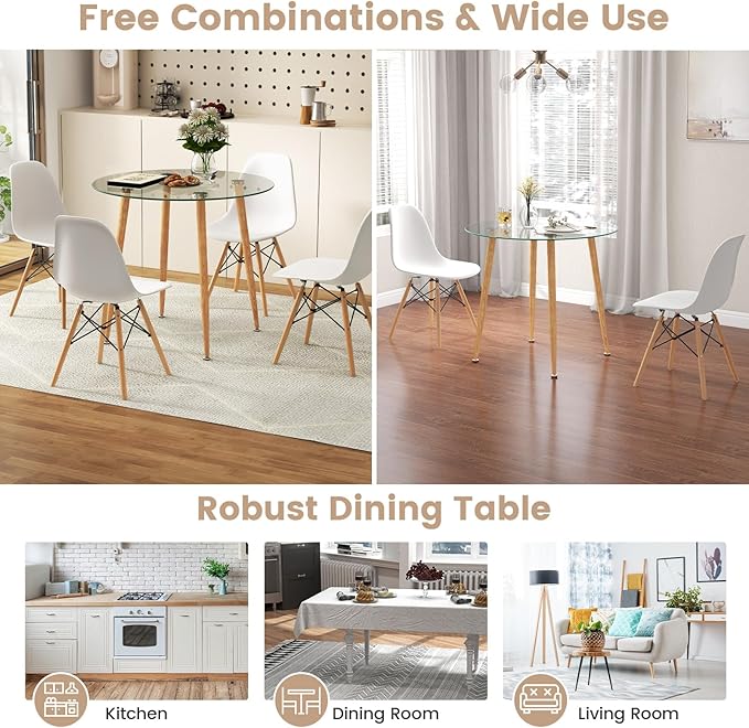 Tangkula 5-Piece Dining Table Set for 4, Kitchen Table Set with Seat, Solid Wood Legs, Metal Frames & Tempered Glass Tabletop, Round Dinner Table & 4 Chairs for Home, Natural