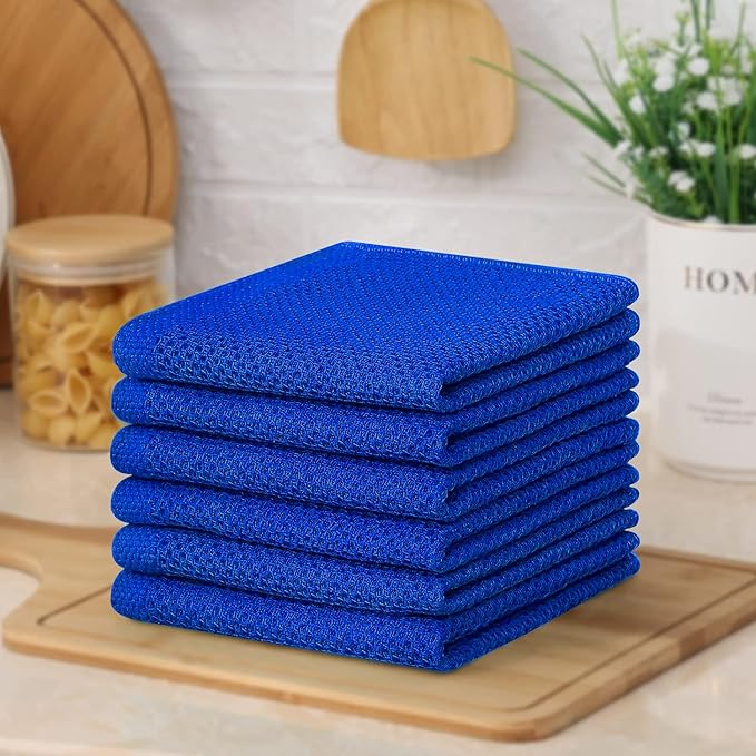 Kitinjoy 100% Cotton Kitchen Dish Cloths, 6 Pack Waffle Weave Ultra Soft Absorbent Dish Towels for Drying Dishes Quick Drying Kitchen Towels Dish Rags, 12 X 12 Inches, Blueberry