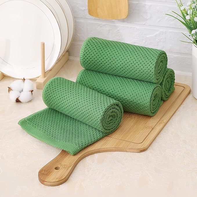 Kitinjoy 100% Cotton Waffle Weave Kitchen Towels, 12-Pack Super Soft and Absorbent Dish Rags for Drying Dishes, Kitchen Hand Towels, 13 in x 28 in, Grass Green