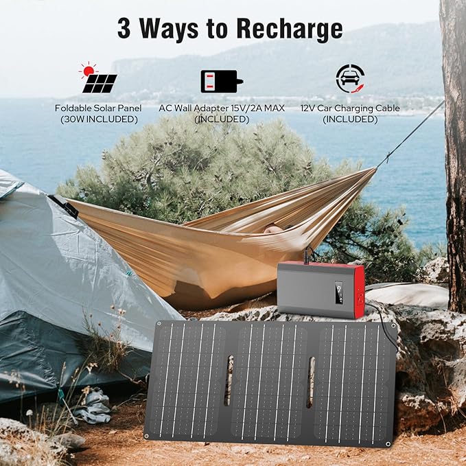 Portable Power Station with Foldable Solar Charger, 110V Solar Power Bank with AC Outlet, Camping Battery Bank with USB C for Outdoor Smart Device RV Travel Hiking Fishing Power Outage Backup