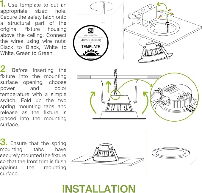 ASD Commercial LED Downlight 6 Inch, Power Adjustable Downlights 12/16/22/26/30W, Canless LED Recessed Lighting 120-277V, 5 CCT 2700K-5000K, Dimmable Ceiling Light Fixture, IC Rated, White, ETL 8 Pack