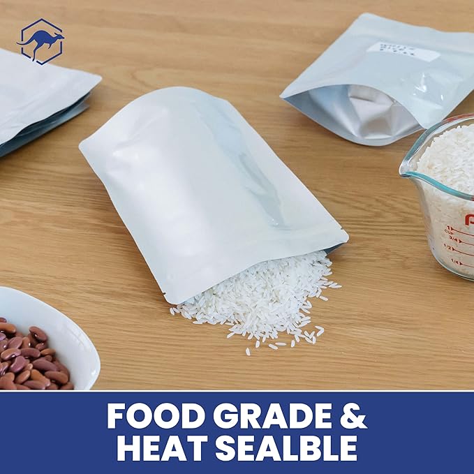Wallaby 50 Count 1-Pint Gusset Mylar Bags with Labels, 11 Mil Total Thickness Long-Term Food Storage Pouches, 15x12 Stand-Up Zipper Heat-Sealable Airtight Packaging - Silver