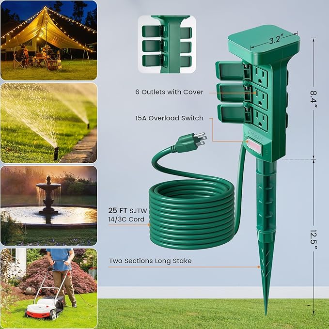 SURAIELEC Outdoor Power Stake Waterproof, 6 Grounded Outlets Power Strip Weatherproof, 25FT Extension Cord Outlet for Yard, Garden, Christmas Light, Patio Lights, 1875W/15A, Green