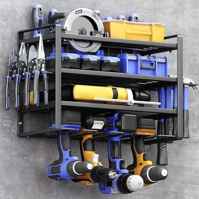 4-tier 8-shelf heavy-duty electric tool organizer, garage power tool storage rack. Black, rust-resistant.