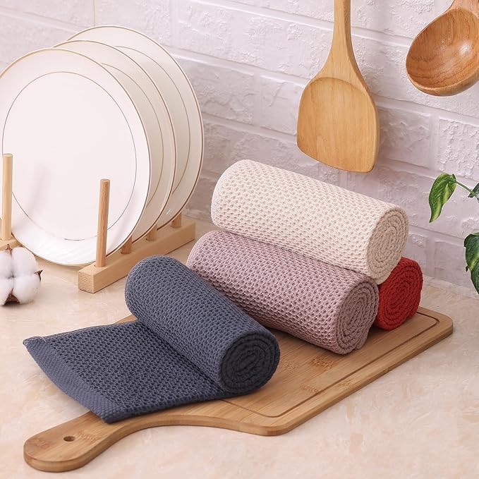 Kitinjoy 100% Cotton Kitchen Dish Cloths, 12 Pack Waffle Weave Ultra Soft Absorbent Dish Towels for Drying Dishes, Quick Drying Dish Rags, 12 X 12 Inch, Multicolor