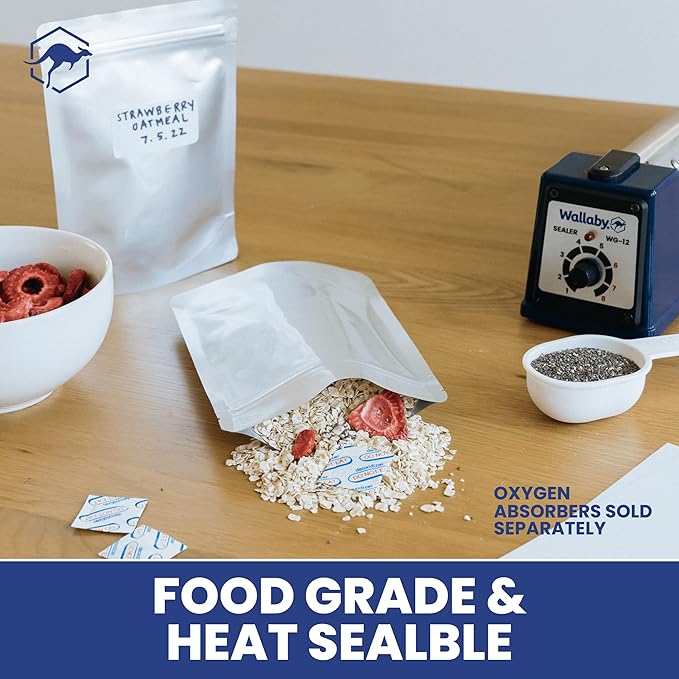Wallaby 50 Count 1-Cup Gusset Mylar Bags with Labels, 11 Mil Total Thickness Long-Term Food Storage Pouches, 15x12 Stand-Up Zipper Heat-Sealable Airtight Packaging - Silver