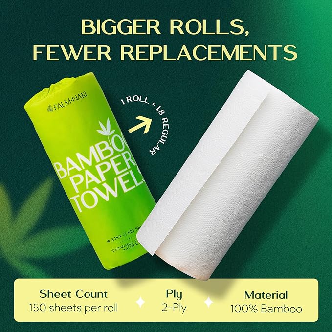 100% Bamboo Paper Towels | Lint-Free, Eco-Friendly, Tree-Free | 2-Ply Kitchen Paper Towel | Food Grade – FSC-Certified, BPA/PFAS-Free | 12 Mega Rolls – 150 Sheets/Roll | PALM NAKI