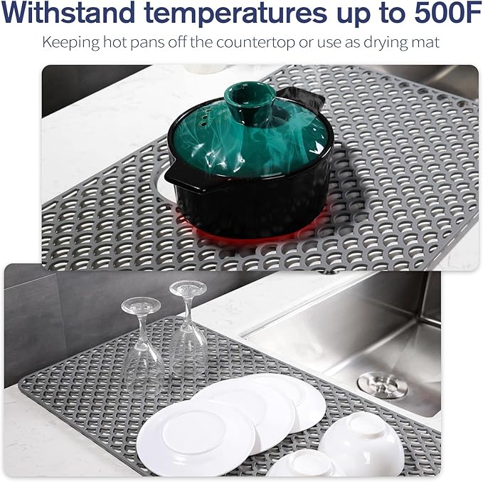 Silicone Sink Protector - 28"x15" Rear Drain Hole, Heat Resistant Non-slip Dishwasher Suitable, Large Sink Mat for Farmhouse Kitchen