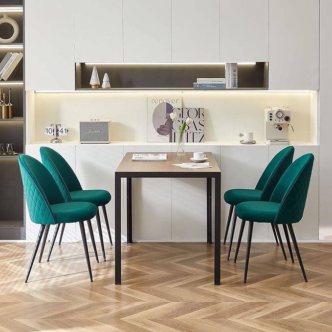 Contemporary Home Kitchen Dining Chair Set of 4,Nice Velvet Living Reception Chair No Arms with Metal Legs,Soft Cushion & Adjustable Feet Cover for Vanity,Dining,Dark Green