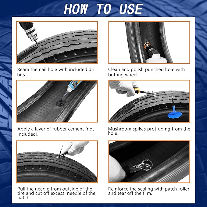 TP-M13W Combination Repair Unit Kit, Tire Repair Patch Plug Kit 1/6" x 1 3/8", 1/4" x 1 3/4" and 3/8" x 2 3/8" Wrapped stem 8 pcs Each