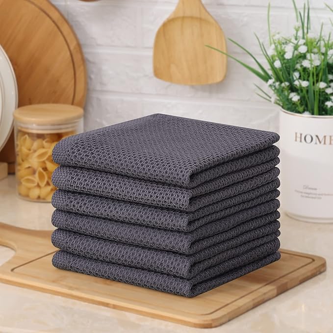 Kitinjoy 100% Cotton Kitchen Dish Cloths, 6 Pack Waffle Weave Ultra Soft Absorbent Dish Towels for Drying Dishes Quick Drying Kitchen Towels Dish Rags, 12 X 12 Inches, Dark Grey
