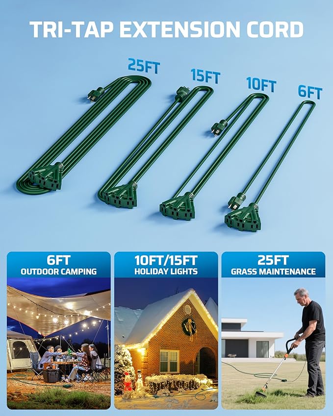DEWENWILS 10FT Outdoor Extension Cord Christmas, Green Extension Cord 13A/1625W, 16/3 SJTW Power Cable with Multiple Outlet Weatherproof Decor Landscaping String Lights, ETL Listed, 1 Pack