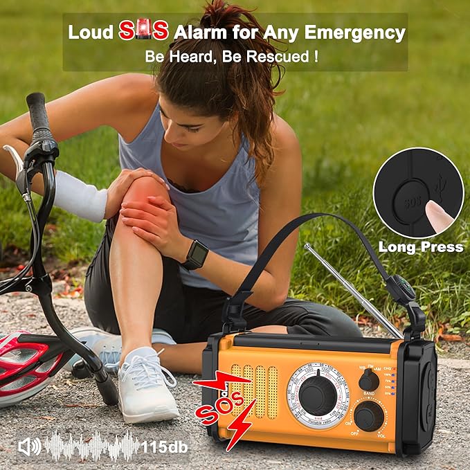 48100mWh Crank Emergency Weather Radio, Solar Hand Crank NOAA/AM/FM Radio, Portable Dynamo Radio, Flashlight & Reading Lamp,SOS,Earphone Jack, Compass for Hurricane Storm Camping Outdoor Survival Kit