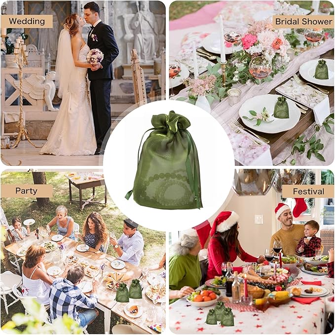 QIANF 20 Pcs Moss Green Small Organza Bags 4X6 inch for Wedding Favors with Drawstring, Mini Mesh Gift Bags Jewelry Pouch for Candy Bridal Shower Party Favor Baby Shower Christmas