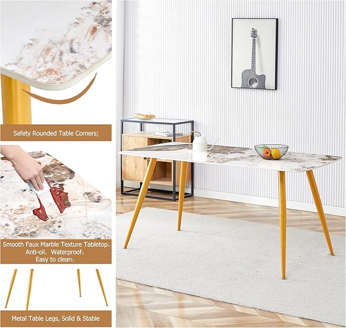 62" Marble Dining Room Table Set for 6 Rectangle Modern Dinner Table with Sintered Stone Top Golden Metal Legs Kitchen Table Chair Set for Dining Room (62" Golden+6White Chairs)