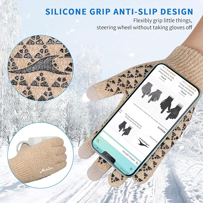 Achiou Winter Gloves for Men Women, Touch Screen Gloves, Upgraded Thicken Anti-Slip Silicone Gel, Thermal Soft Knit Lining