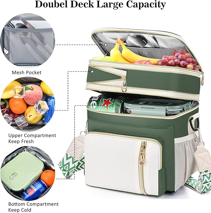 LOKASS Lunch Box for Women/Men-16L-Insulated Lunch Bag, Expandable Double-layer Leakproof Cooler Bag with Upgrade Adjustable Shoulder Strap Ideal for Work/Travel/Picnics(Army Green)