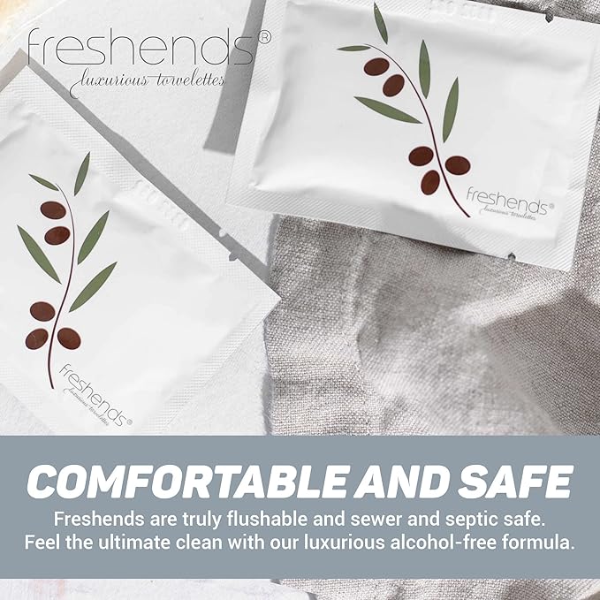 Freshends Flushable Individually Wrapped Wipes – 100 Bulk Pack Luxurious Towelettes, Guest Bathroom Essentials for Weddings, Restaurants, Bars & Clubs – Olive, Travel-Size, Disposable