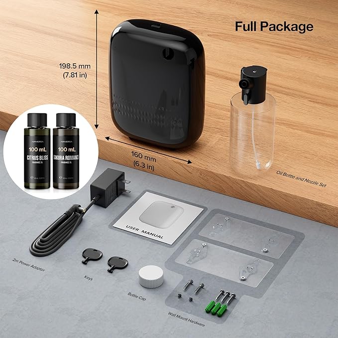 Airversa Waterless Essential Oil Diffuser (400 mL Capacity) Starter Kit 200mL Fragrance Scent Oils, Up to 2000 sq ft Aromatherapy Smart Scent Air Machine for Home, Large Room, Office, ANW Kit Black