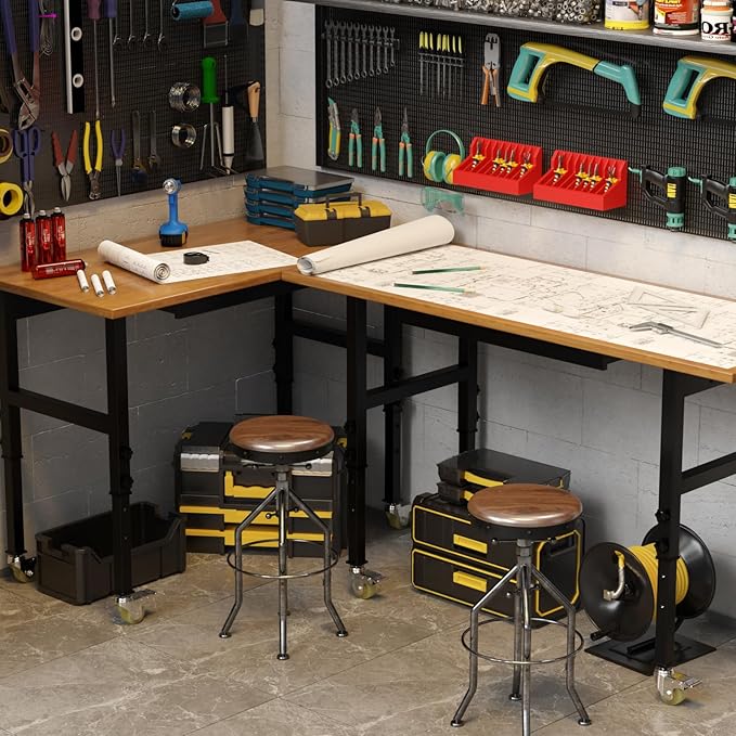 48” Solid Wood Work Bench Work Table, Heavy-Duty Adjustable Workbench with Wheels, 3000 Lbs Capacity Tool Bench Workstation for Garage, Workshop