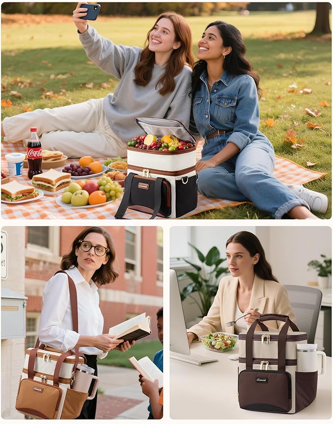 LOVEVOOK Insulated Lunch Bag For Women Men,Expandable Double Deck Lunch Box With Large Cup Holder,Leakproof Cooler Bag For Adult Lunch Tote Bag Work Picnic Beach with Adjustable Shoulder Strap Gift