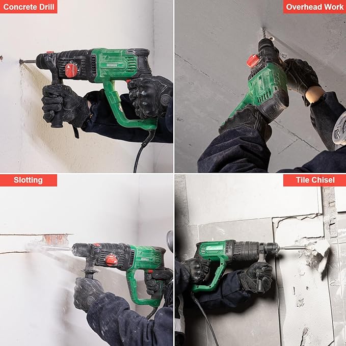 1" SDS-Plus Lightweight Rotary Hammer Drill, 9 Amp 4 Functions Corded Variable Speed Rotomartillo with Safety Clutch for Concrete, Includes 3 Drill Bits,2 Chisels,Carrying Case